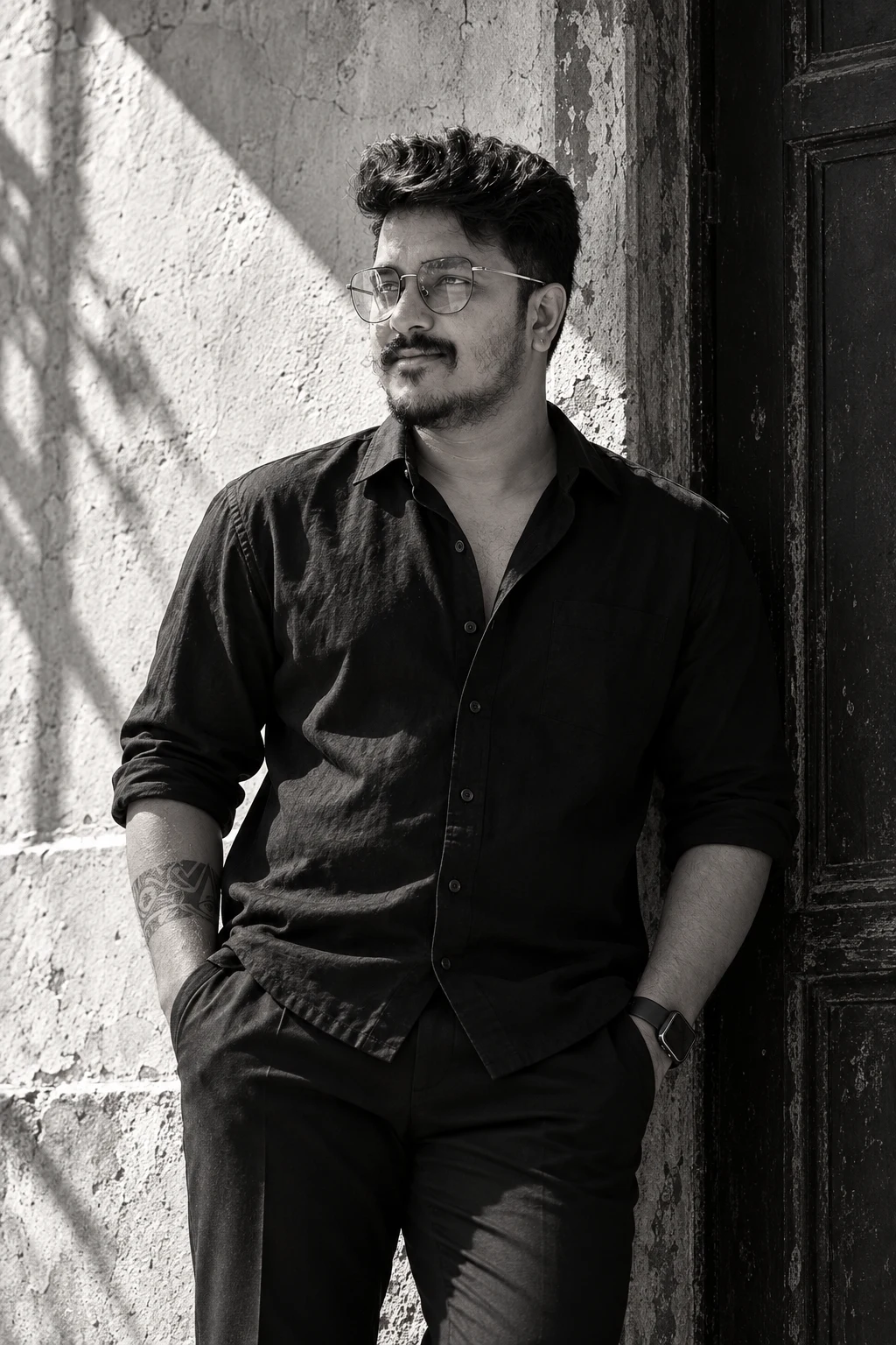 Sajeev S.V in a monochrome doorway portrait